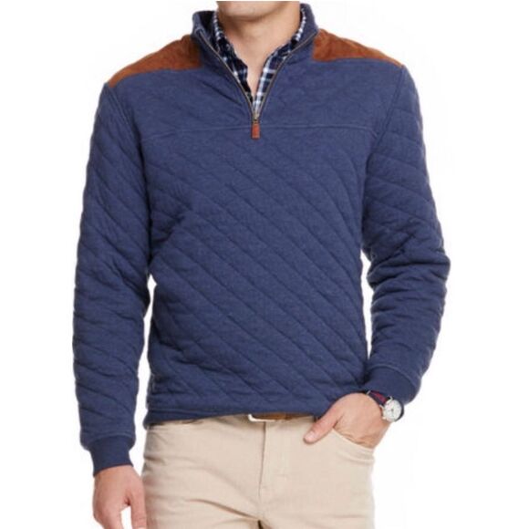 Vineyard Vines Men's XL Blue Quilted Leather Trim 1/4 Zip Pullover Sweater - Picture 1 of 11